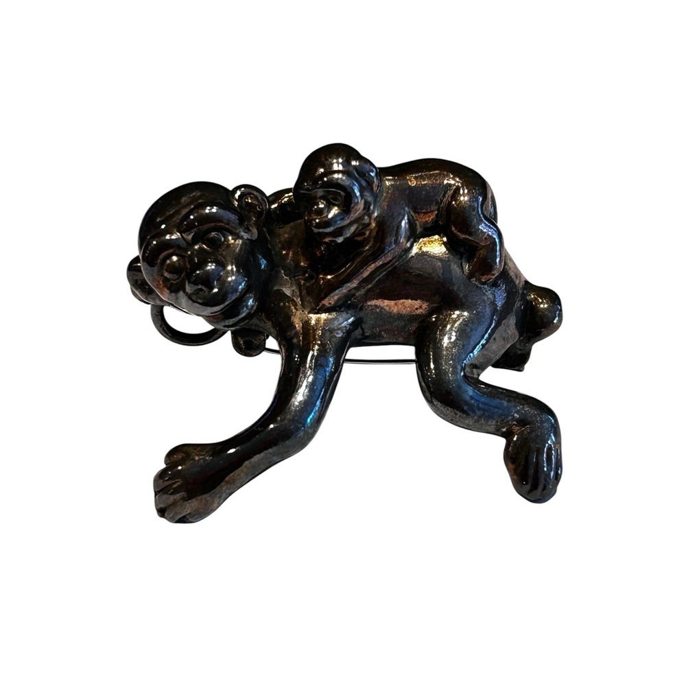 925 Sterling Silver Monkey Chimpanzee‎ With Baby Brooch Pin / Pendant